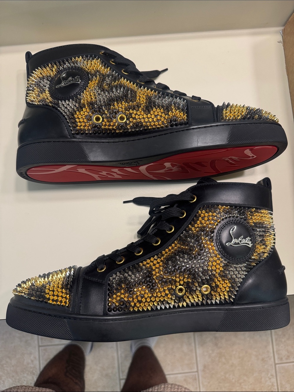 Christian Louboutin Black and Gold Spike-Embellished High-Top Sneakers - Picture 4 of 13